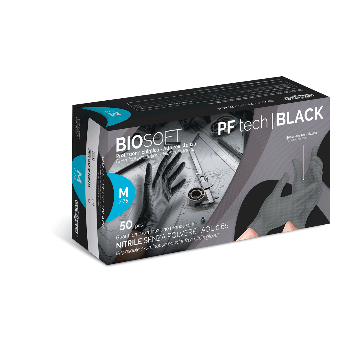 BIOSOFT PF tech BLACK - Guanti in Nitrile Nero con Grip Diamantato 3D