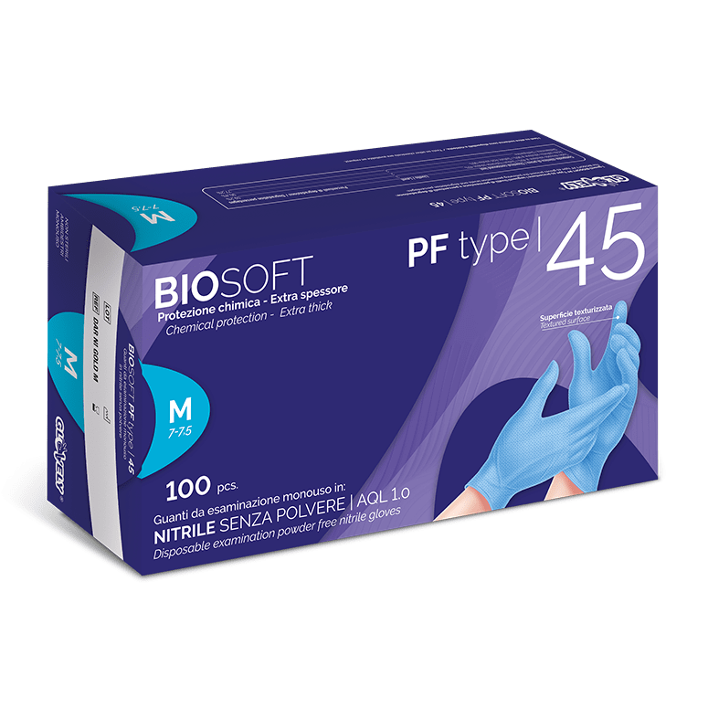 BIOSOFT PF type 45 - Guanti da esaminazione in Nitrile senza polvere - colore azzurro